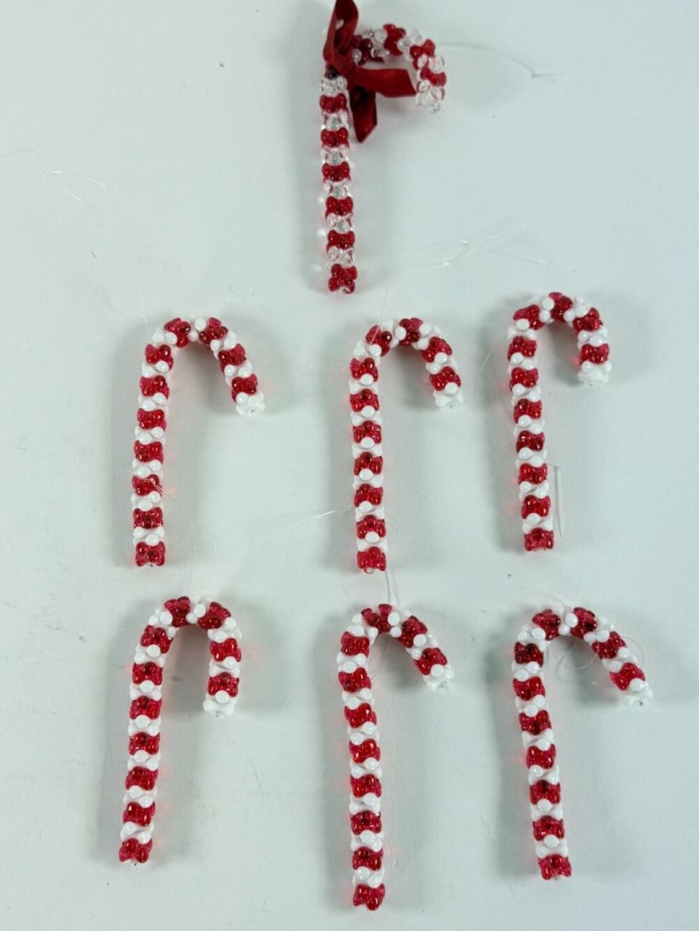 Vintage 6 Beaded Candy Cane Christmas Ornaments Handmade Beaded Holiday Decor